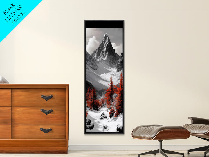 Red Trees, Snowy Mountain, Dramatic Landscape, Framed Canvas Print, Winter Wonderland Art, Office Wall Decor, Moody Nature Scene Print