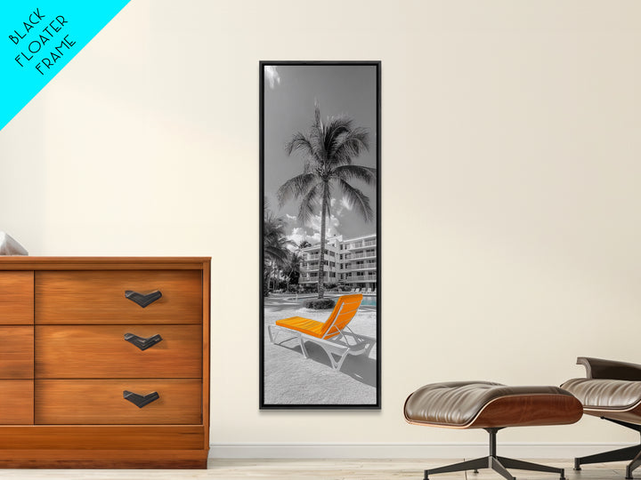 Poolside Palm, Tropical Escape, Resort Vibe, Orange Chair, Framed Canvas Print, Summer Wall Decor, Boho Art, Living Room Tropical Art