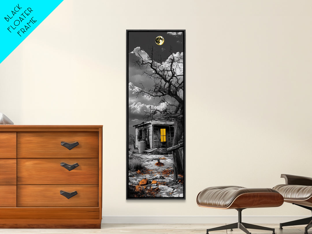 Haunted Cabin, Yellow Light, Full Moon, Framed Canvas Print, Halloween Wall Art, Gothic Decor, Spooky Home Accent, Fall Vibes