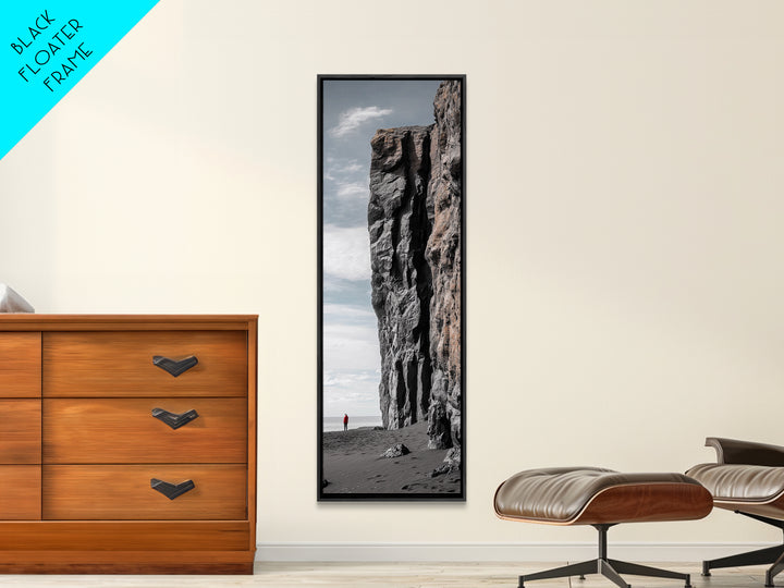 Cliff Wall, Ocean View, Lone Hiker, Rugged Coast, Framed Canvas Print, Adventure Art, Minimalist Decor, Office Wall Art, Modern Nature