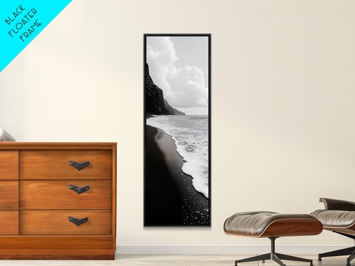 Black Sand, Ocean Foam, Rocky Shoreline, Coastal Serenity, Framed Canvas Print, Monochrome Wall Art, Bathroom Decor, Beach Minimalist