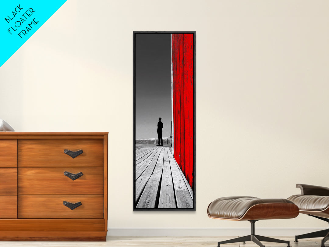 Man Silhouette, Red Wall, Boardwalk Contrast, Minimal Scene, Framed Canvas Print, Urban Wall Art, Modern Decor, Office Accent Piece