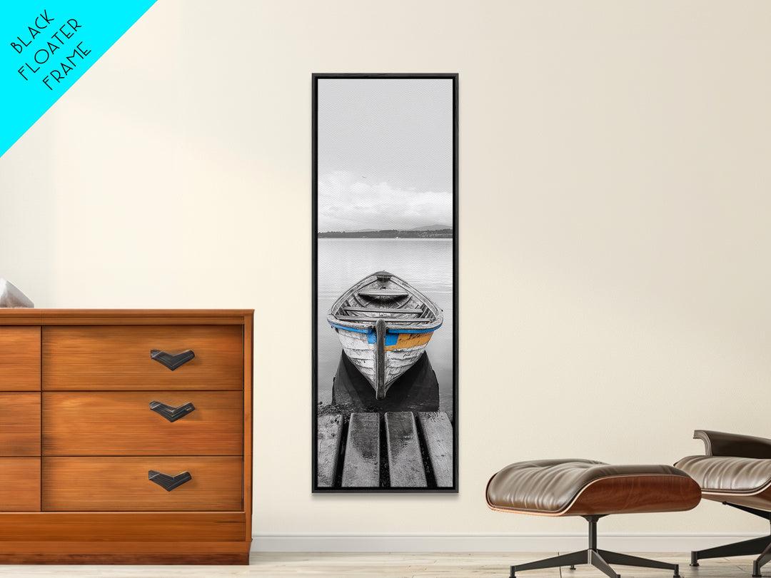 Rowboat Front, Calm Water, Lake Stillness, Serene View, Framed Canvas Print, Nautical Decor, Minimalist Art, Coastal Living Room