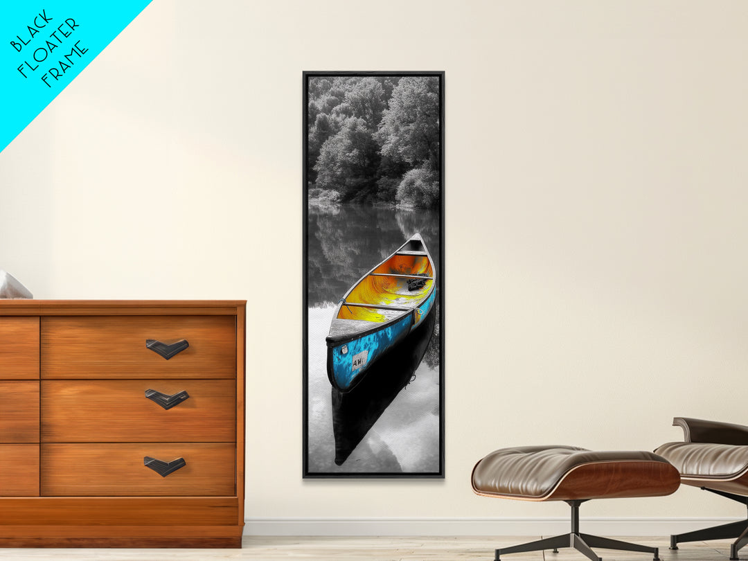 Blue and Yellow Canoe, Calm River Reflections, Rustic Boat Scene, Framed Canvas Print, Autumn Wall Art, Nature Inspired Decor