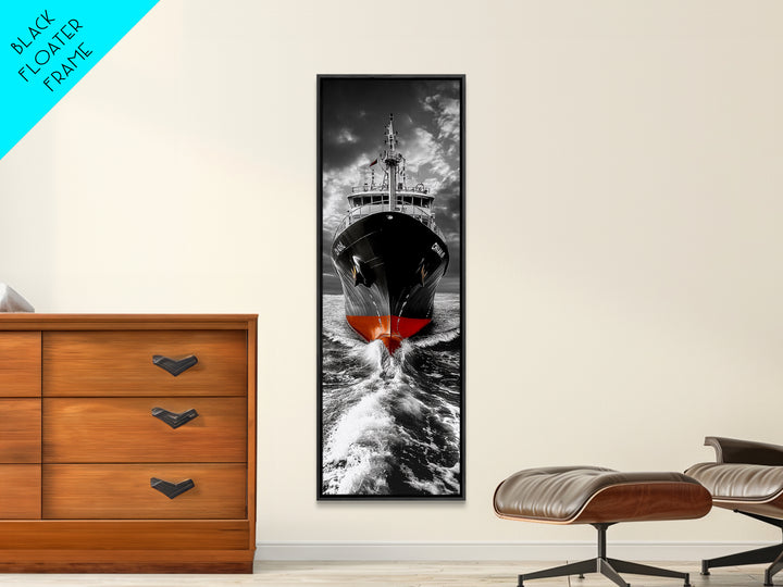 Bold Black Ship, Ocean Storm Photography, Nautical Adventure Decor, Canvas Print, Modern Coastal Wall Art, Moody Living Room Art