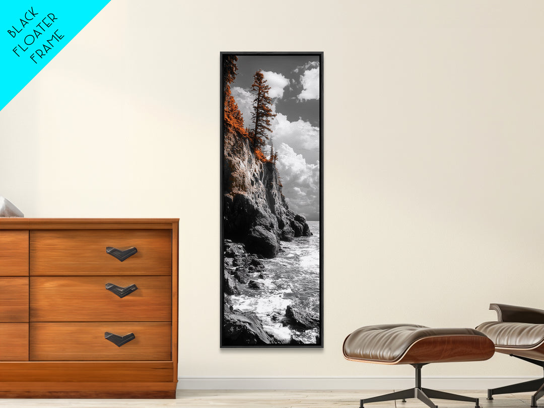 Autumn Cliff Scene, Bold Trees Coastal Wall Art, Fall Foliage Home Style, Framed Canvas Print, Seasonal Nature Living Room Decor