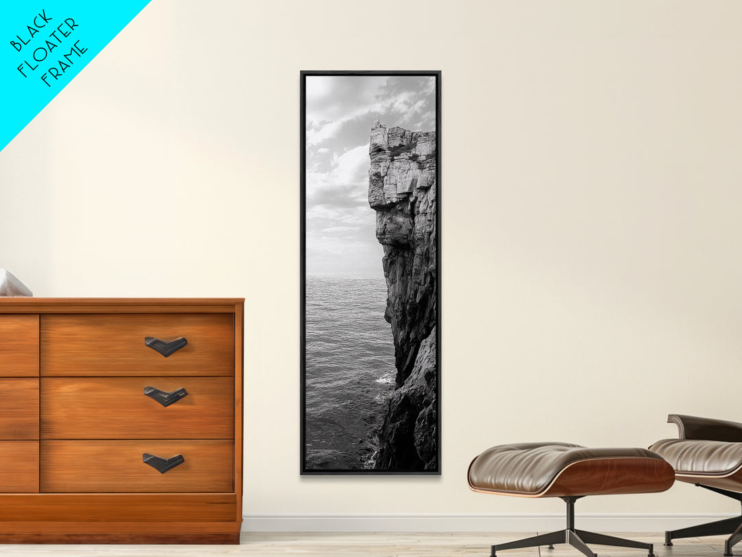 Ocean Cliff Edge, Rugged Coastline Art, Black White Landscape Print, Framed Canvas Print, Modern Seaside Office Wall Decor, Moody Landscape