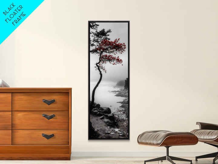 Curved Tree, Foggy Coastline, Red Leaves, Moody Nature Canvas Print, Autumn Landscape, Bedroom Wall Art, Minimalist Earthy Decor