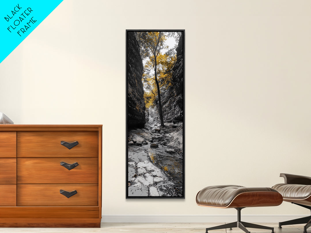 Autumn Gorge, Fall Stream, Yellow Trees, Nature Canyon Trail, Framed Canvas Print, Rustic Hallway Decor, Cozy Autumn Living Room Art