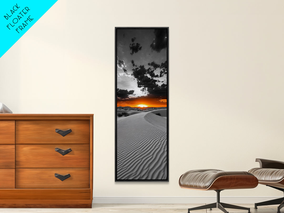 Desert Sunset, Sand Dunes, Fiery Horizon, Dramatic Sky, Framed Canvas Print, Modern Living Room Wall Art, Boho Earth Tone Decor