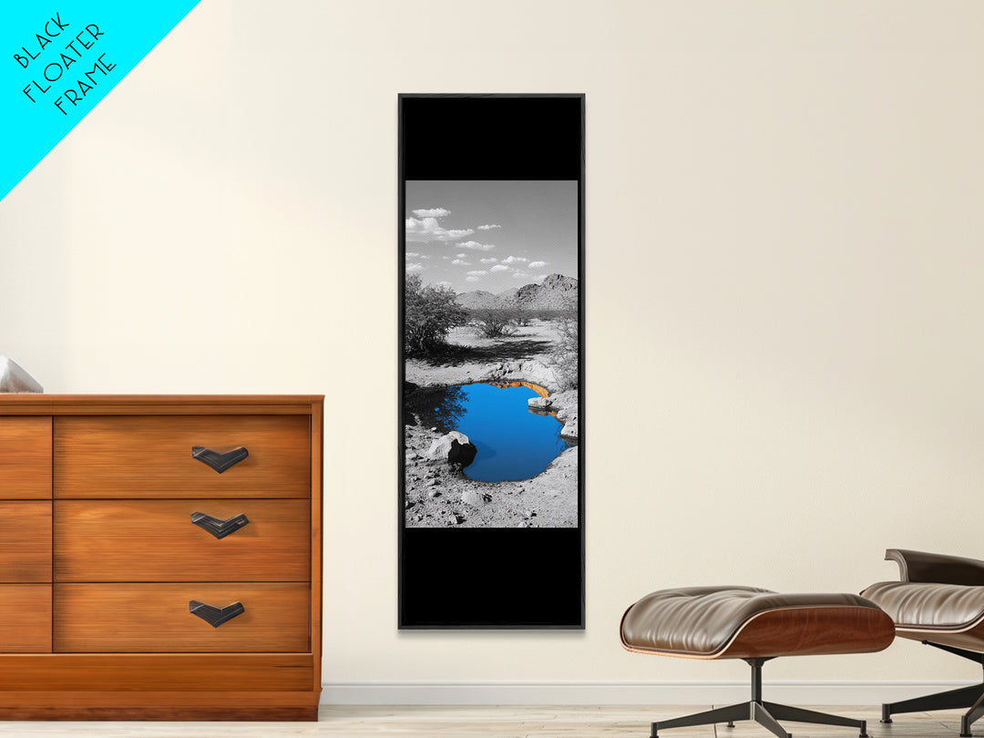 Blue Oasis, Desert Pool, Tranquil Reflection, Minimalist Landscape, Framed Canvas Print, Serene Entryway Wall Art, Calm Southwestern Decor