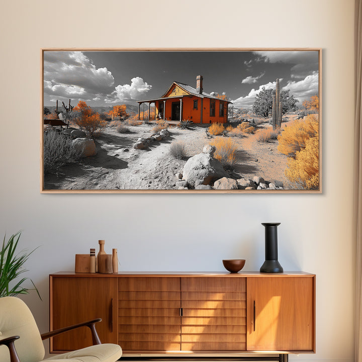 Desert Cabin, Rustic Southwest, Boho Landscape, Autumn Decor, Framed Canvas Print, Living Room Wall Art, Warm Earth Tones, Western Vibes