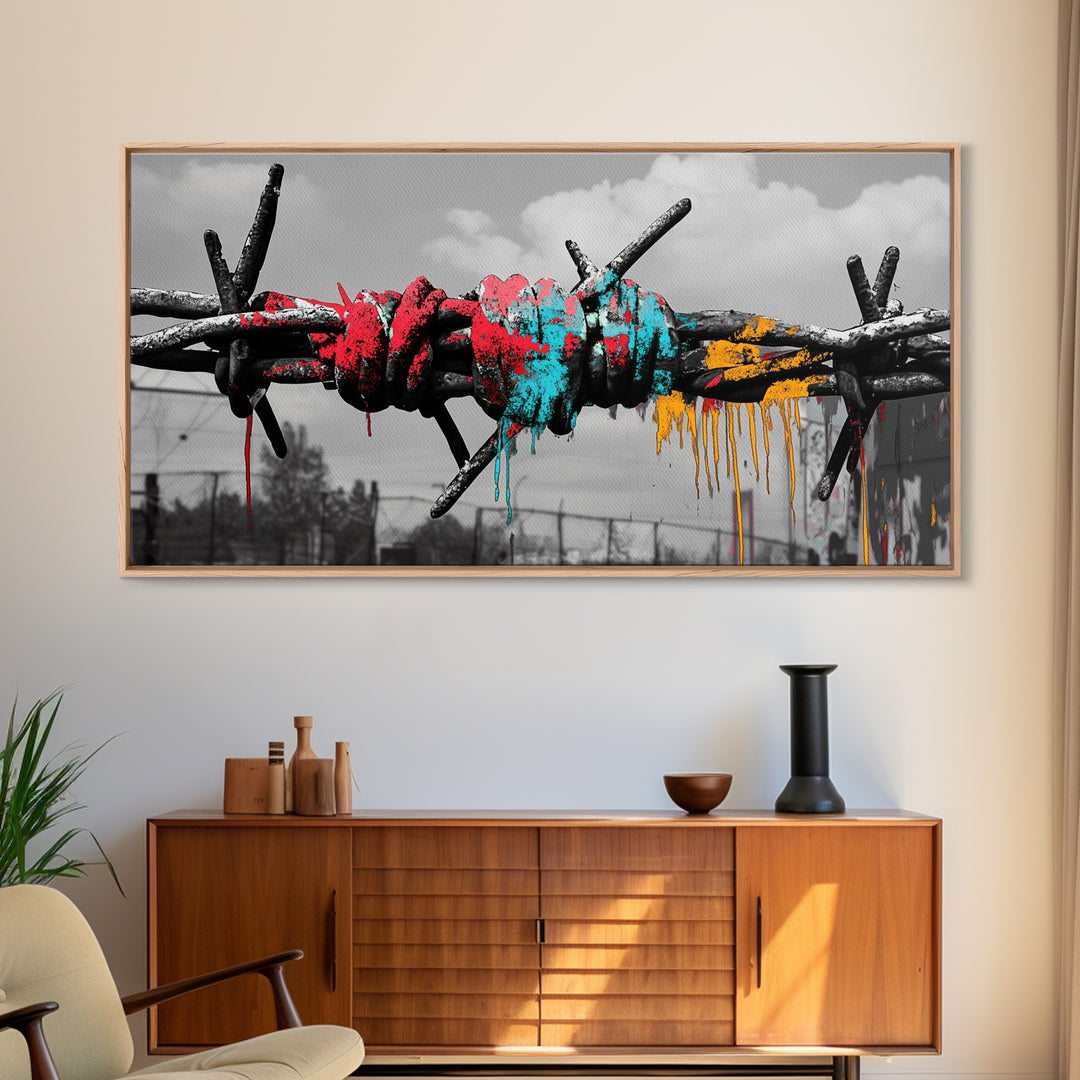 Barbed Wire, Graffiti Art, Urban Street Style, Grunge Decor, Framed Canvas Print, Industrial Wall Art, Dripping Paint, Mixed Media Style