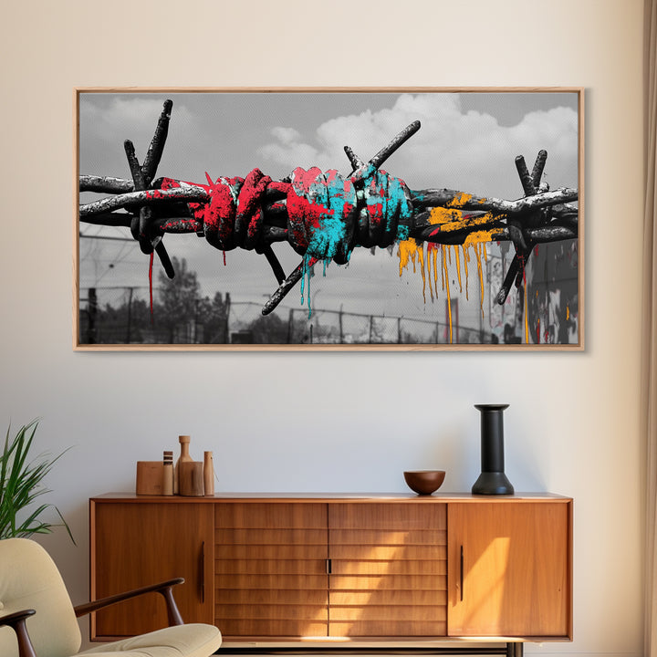 Barbed Wire, Graffiti Art, Urban Street Style, Grunge Decor, Framed Canvas Print, Industrial Wall Art, Dripping Paint, Mixed Media Style