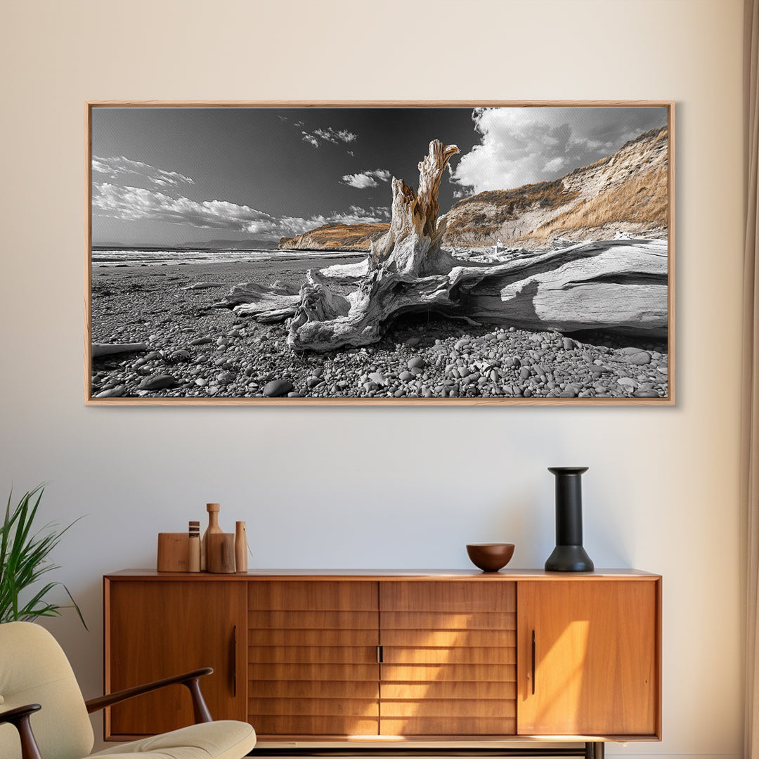 Coastal Driftwood, Beach Scene, Natural Texture, Modern Rustic, Framed Canvas Print, Neutral Tones, Office Wall Art, Coastal Vibe Decor