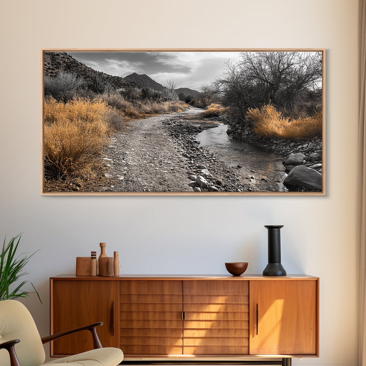 Autumn Path, Golden Bushes, Seasonal Stream, Fall Foliage, Framed Canvas Print, Cozy Entryway Decor, Rustic Wall Art, Nature Inspired