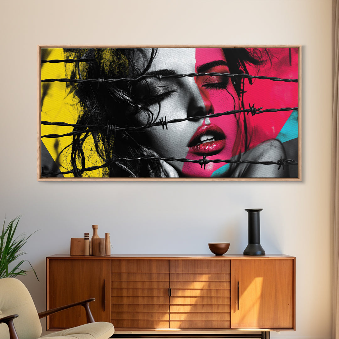 Barbed Beauty, Pop Art Woman, Bold Portrait, Emotional Wall Decor, Framed Canvas Print, Bedroom Wall Art, Modern Graffiti Style, Urban Pop