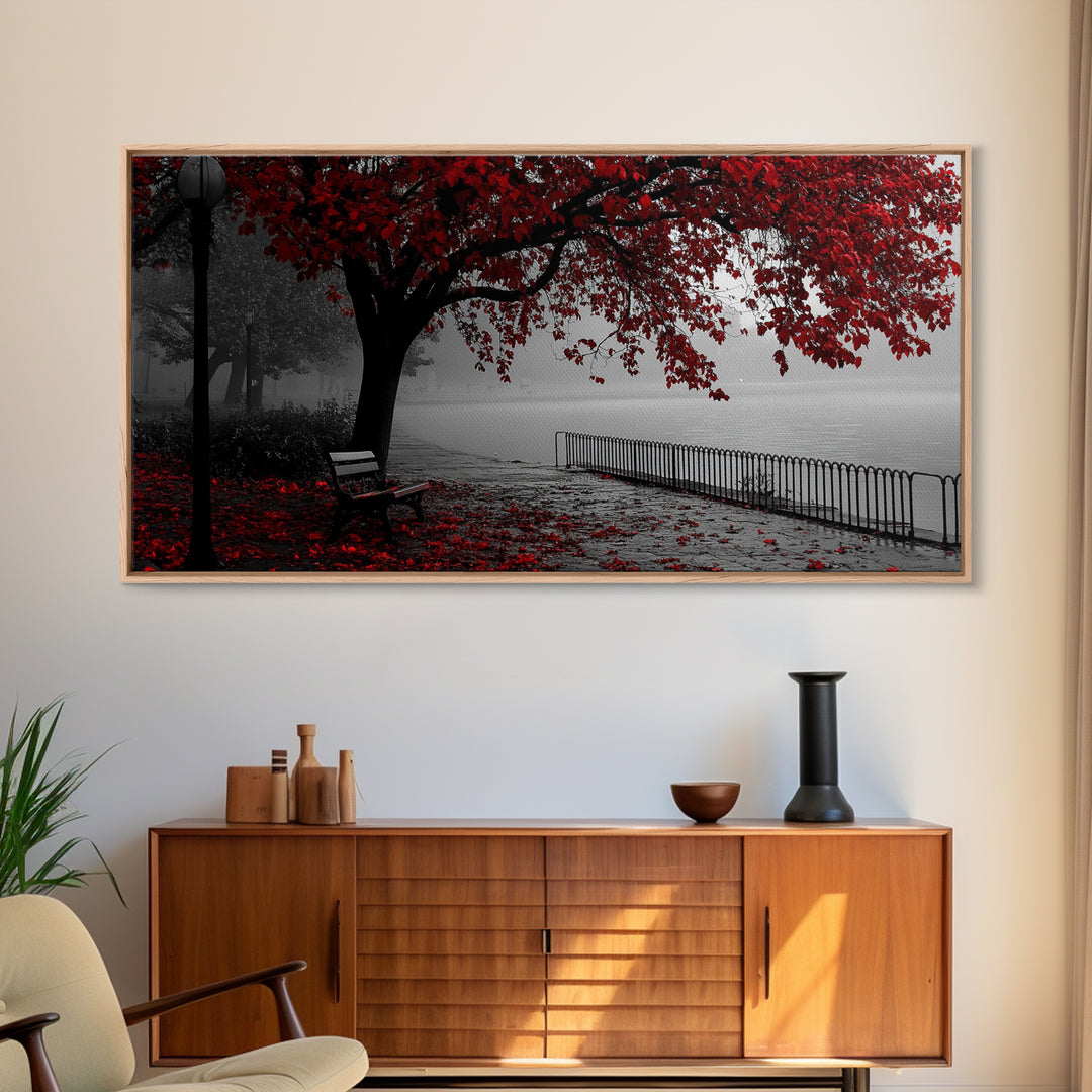 Autumn Bench, Leaves, Foggy park serenity meets bold red leaves in this Framed Canvas Print, ideal Autumn Bedroom Wall Art, Entryway Decor