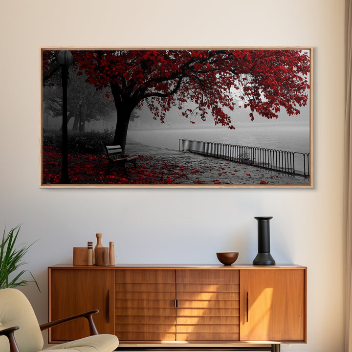 Autumn Bench, Leaves, Foggy park serenity meets bold red leaves in this Framed Canvas Print, ideal Autumn Bedroom Wall Art, Entryway Decor