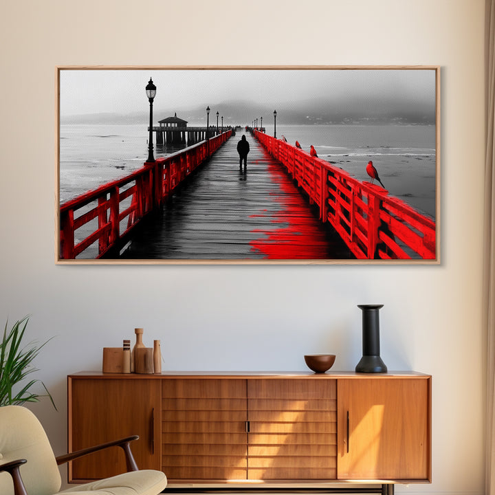 Pier, Red Railings, Fog, Lonely walk down a vivid red pier into the mist in this Framed Canvas Print, Coastal Decor, Minimalist Wall Art