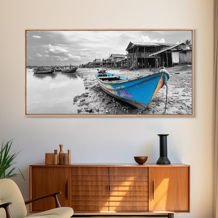 Blue Boat, Shore Village, Coastal Charm, Framed Canvas Print, Rustic Fishing Art, Seaside Home Decor, Nautical Style, Ocean Wall Art