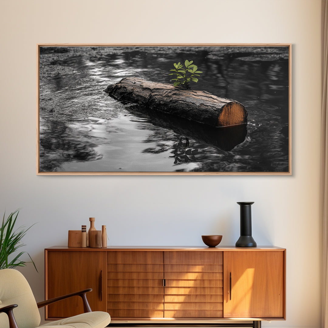 Nature Log, Life Grows, Floating Tree, Framed Canvas Print, Minimalist Growth Art, Nature Symbolism, Office Inspiration, Calm Wall Art