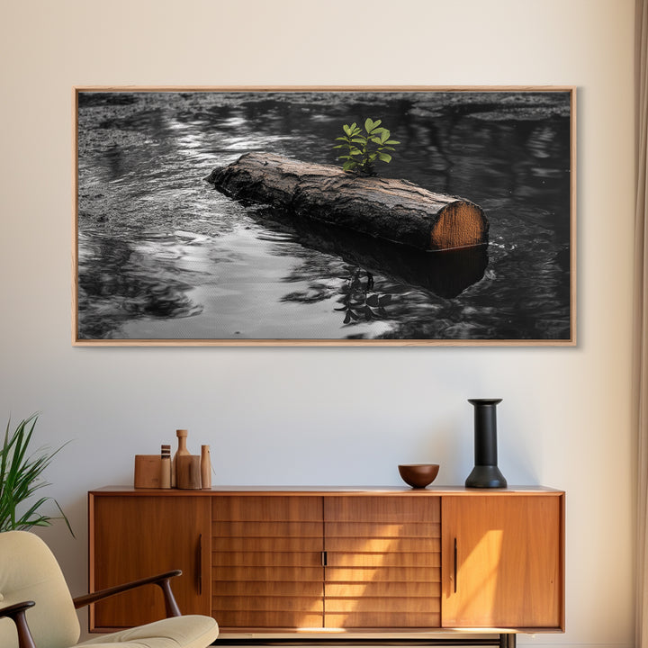 Nature Log, Life Grows, Floating Tree, Framed Canvas Print, Minimalist Growth Art, Nature Symbolism, Office Inspiration, Calm Wall Art