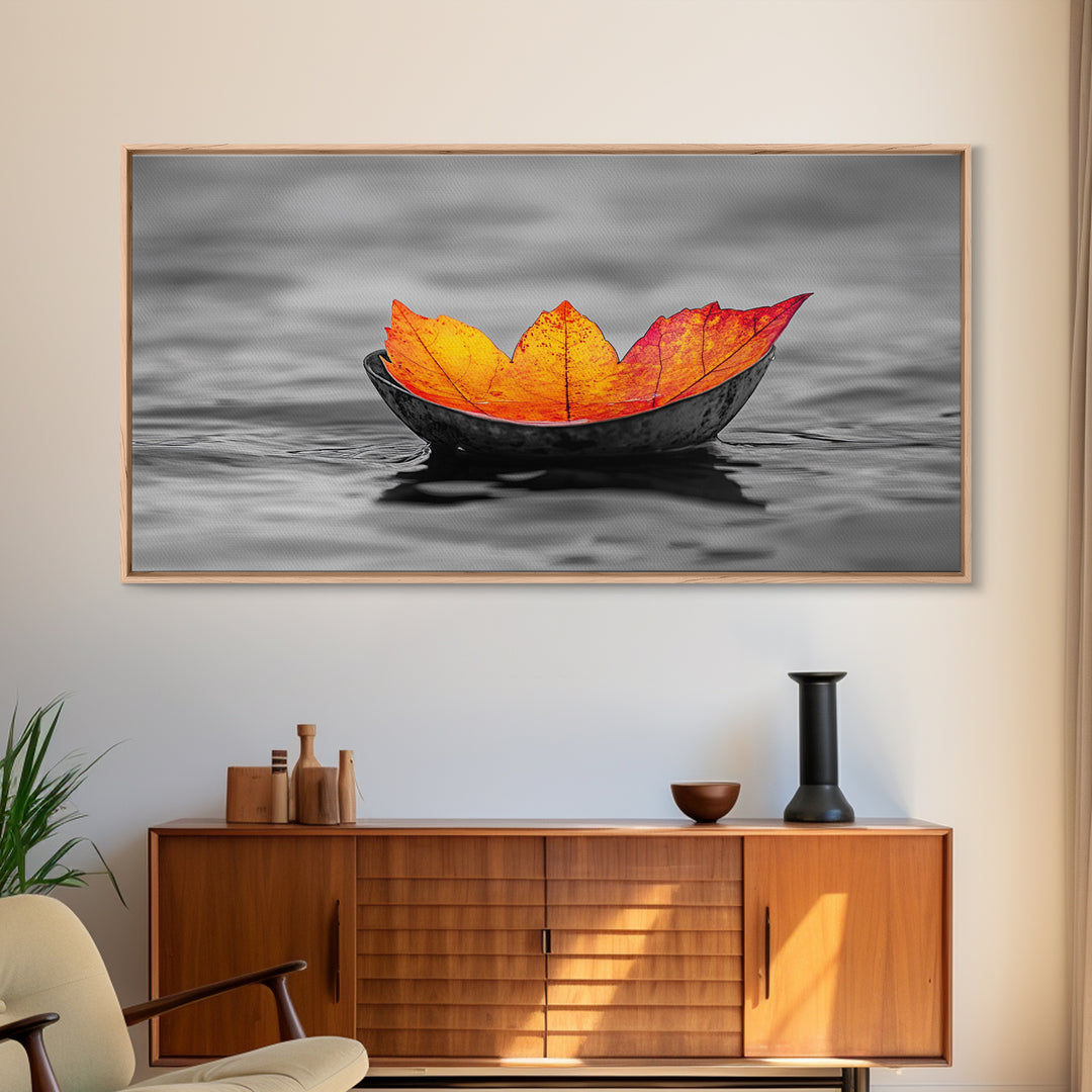 Autumn Leaf, Floating Bowl, Red Yellow Decor, Framed Canvas Print, Cozy Fall Art, Thanksgiving Wall Art, Kitchen Decor, Minimalist Style
