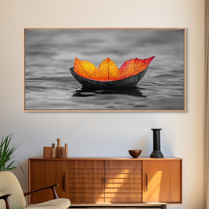 Autumn Leaf, Floating Bowl, Red Yellow Decor, Framed Canvas Print, Cozy Fall Art, Thanksgiving Wall Art, Kitchen Decor, Minimalist Style