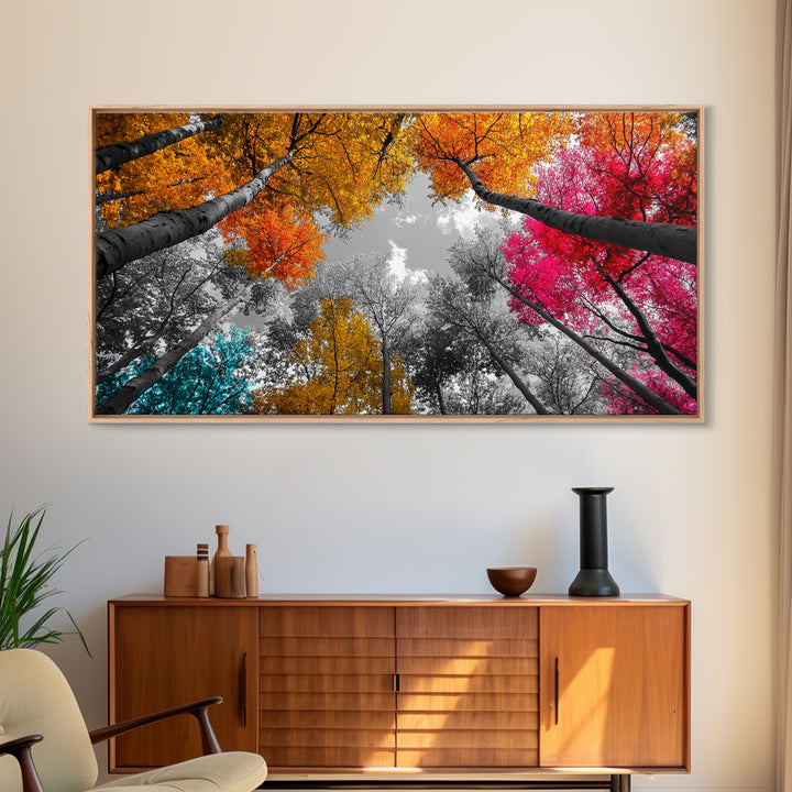 Autumn Trees, Colorful Forest, Fall Foliage, Looking Up, Framed Canvas Print, Vibrant Nature, Living Room Wall Art, Boho Style