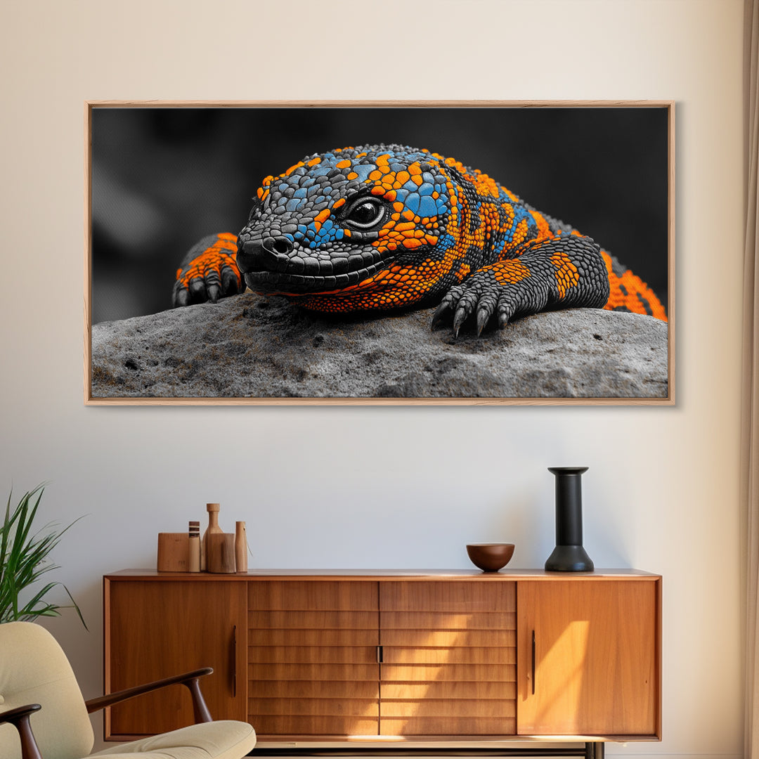 Colorful Lizard, Wildlife Closeup, Exotic Creature, Nature Bold, Framed Canvas Print, Reptile Lover Gift, Office Wall Art, Vibrant Wildlife Art
