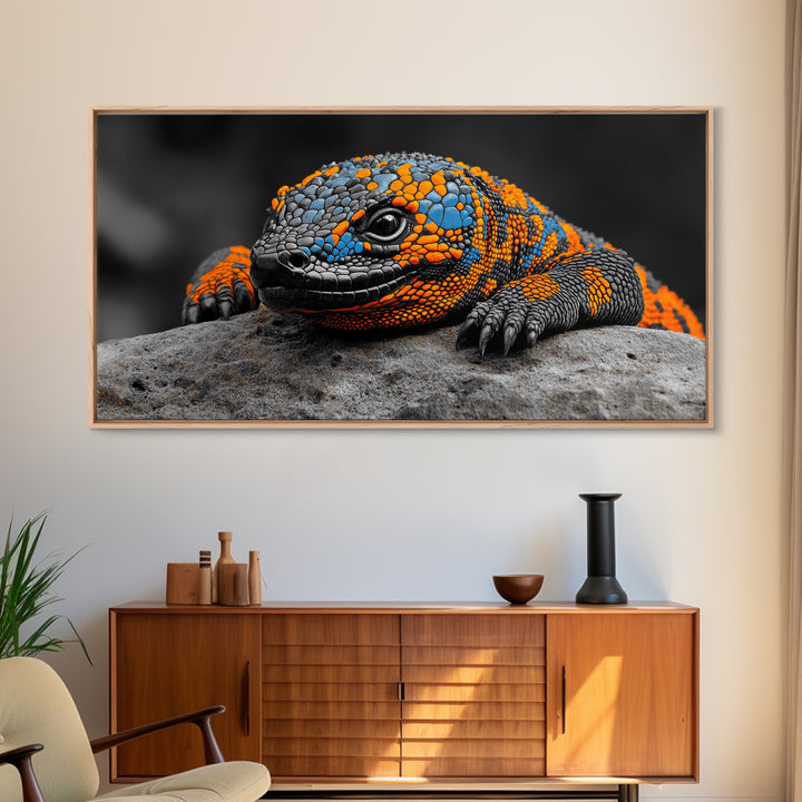Colorful Lizard, Wildlife Closeup, Exotic Creature, Nature Bold, Framed Canvas Print, Reptile Lover Gift, Office Wall Art, Vibrant Wildlife Art