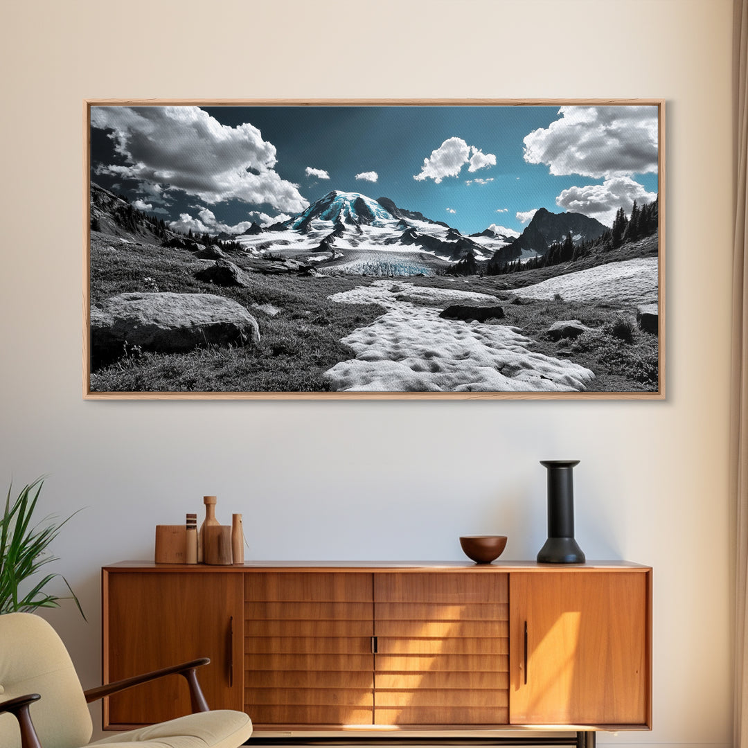Blue Sky, Glacial Mountain, Winter Landscape, Nature Scene, Framed Canvas Print, Cabin Wall Art, Snowy Hiking Trail, Minimalist Nature Art