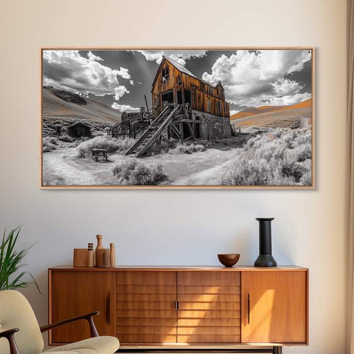 Desert Barn, Rustic Landscape, Western Vibes, Autumn Glow, Framed Canvas Print, Farmhouse Wall Art, Abandoned Homestead Photography