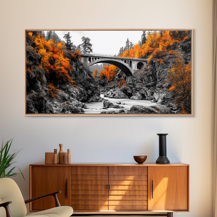 Autumn Bridge, River Gorge, Rustic Nature, Fall Trees, Framed Canvas Print, Cabin Wall Art, Seasonal Decor, Scenic Travel Landscape