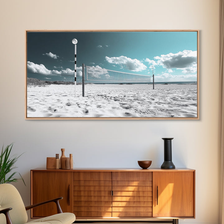 Beach Volleyball, Summer Sport, Minimalist Beach Scene, Sky Art, Framed Canvas Print, Game Room Wall Art, Coastal Modern Decor