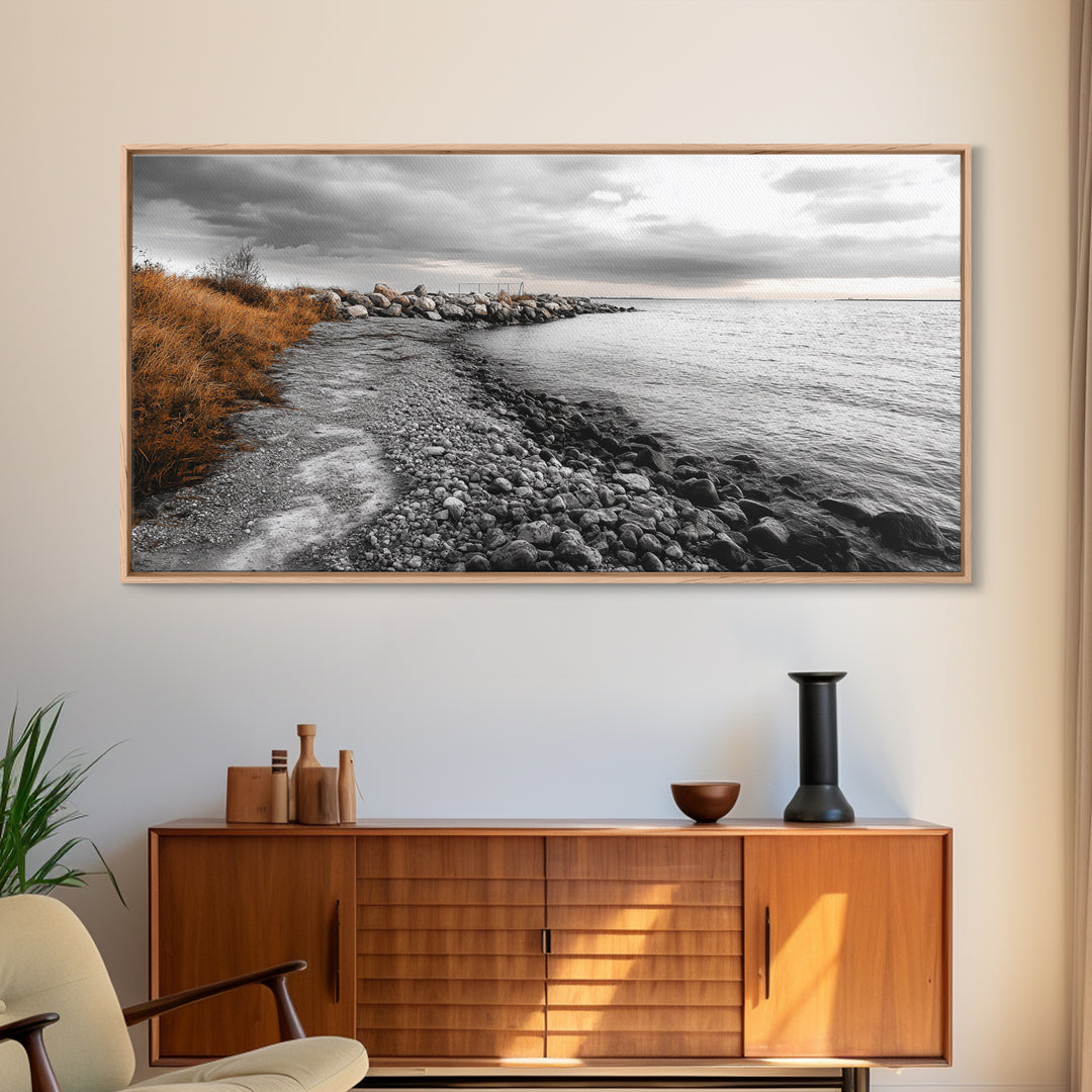 Coastal Path, Stormy Shore, Serene View, Monochrome Mood, Framed Canvas Print, Beach Wall Art, Peaceful Nature, Seaside Photography Decor
