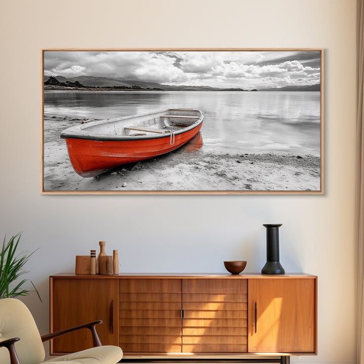 Beached Boat, Calm Waters, Cloudy Horizon, Serene Coastline, Framed Canvas Print, Coastal Wall Art, Minimalist Home Decor, Beach House