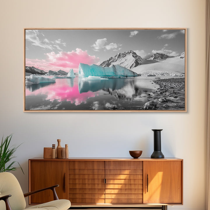Blue Icebergs, Pink Sky, Glacial Lake, Arctic Dreamscape – Canvas Print, Nature Photography Art, Bedroom Wall Art, Serene Winter Decor