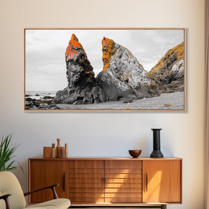 Rocky Cliffs, Orange Moss, Ocean Landscape, Coastal Vibe – Framed Canvas Print, Nature Wall Art, Fall Inspired Decor, Bathroom or Hallway