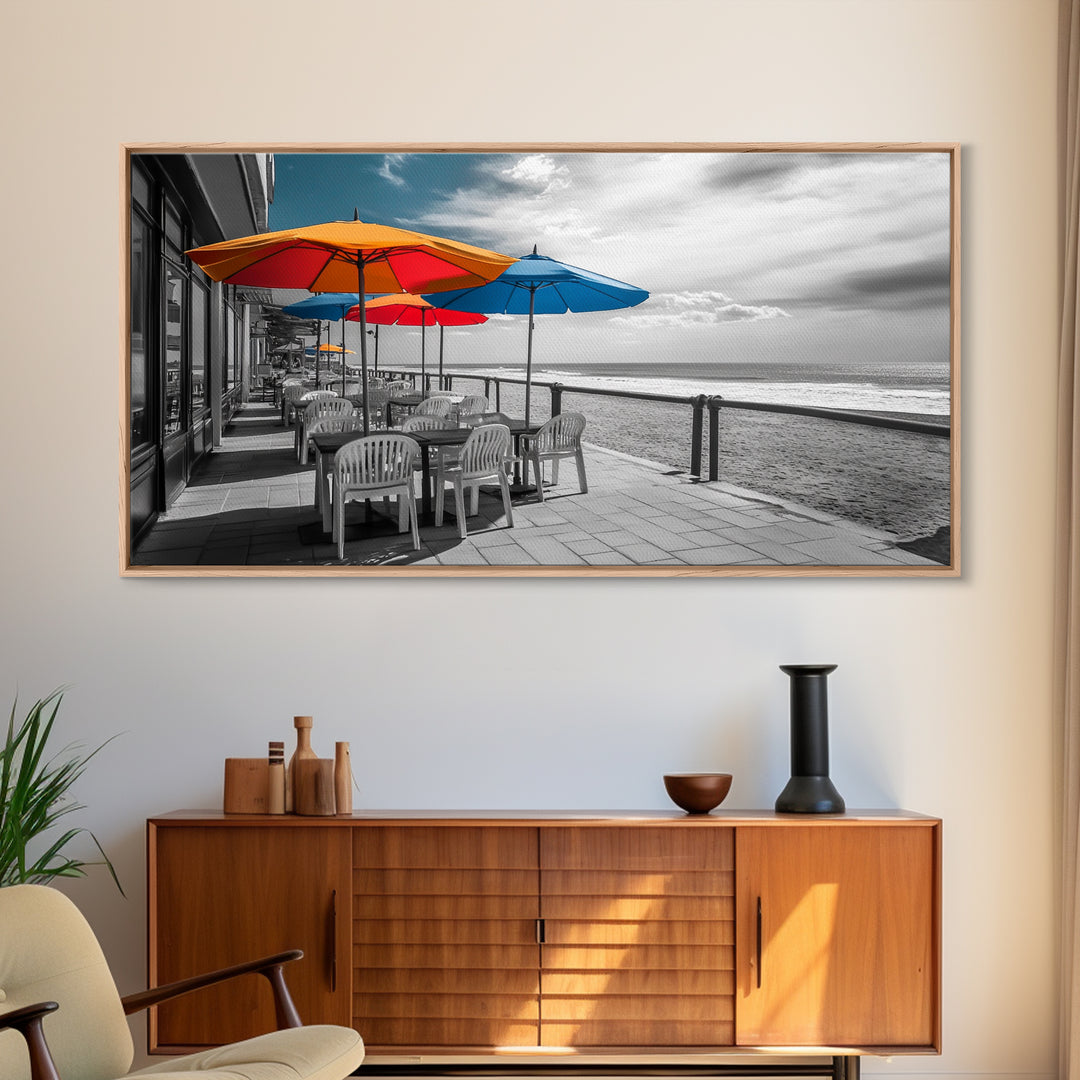 Ocean Café, Coastal Dining, Bright Umbrellas, Seaside View, Framed Canvas Print, Kitchen Wall Art, Beachfront Vibe, Color Pop Style