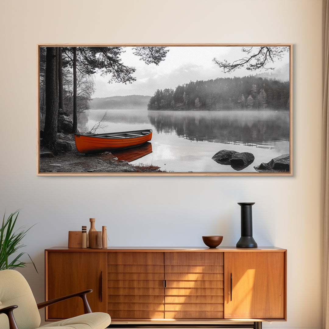 Misty Lake, Orange Boat, Forest Reflections, Foggy Calm – Canvas Print, Nature Wall Art, Fall Cabin Decor, Cozy Landscape Photography
