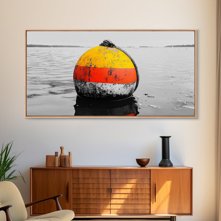 Buoy Pop, Marine Marker, Vibrant Sea, Nautical Life, Framed Canvas Print, Coastal Wall Art, Bathroom Decor, Bold Ocean Aesthetic