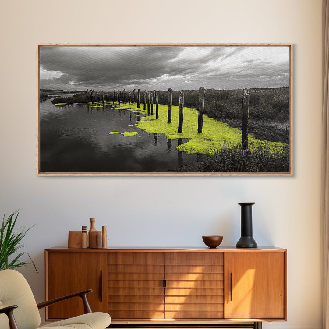 Coastal Marsh, Minimalist Nature, Black and White Art, Modern Decor, Framed Canvas Print, Bathroom Wall Art, Yellow Accents, Serene Mood