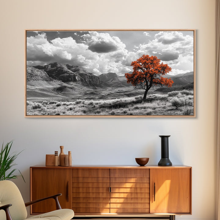 Autumn Tree Vista, Western Mountains Landscape, Vibrant Fall Decor, Dramatic Skies Canvas Print, Framed Canvas Print, Nature Wall Art