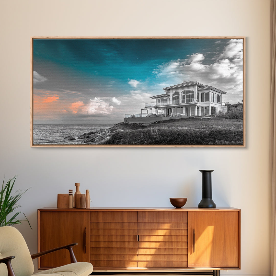 Beach House, Coastal Sunset, Ocean View, Framed Canvas Print, Modern Coastal Decor, Living Room Art, Ocean Sky Photography