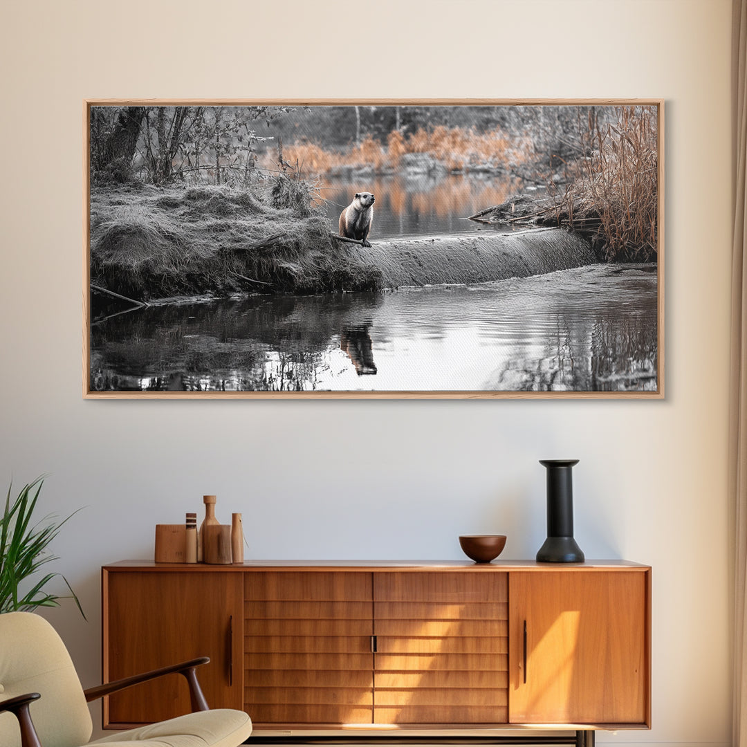 River Otter View, Wildlife Scene, Autumn Nature, Moody Landscape, Framed Canvas Print, Cabin Decor, Animal Wall Art, Woodland Aesthetic