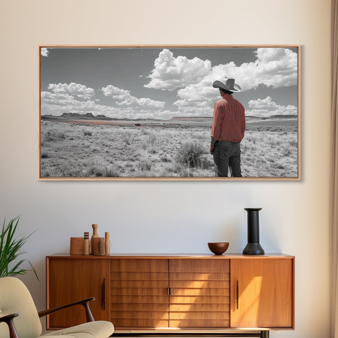 Cowboy Stare, Western Horizon, Desert Dream, American Spirit, Framed Canvas Print, Rustic Bedroom Art, Country Wall Decor, Western Style