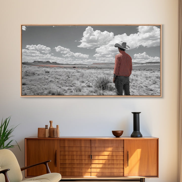 Cowboy Stare, Western Horizon, Desert Dream, American Spirit, Framed Canvas Print, Rustic Bedroom Art, Country Wall Decor, Western Style