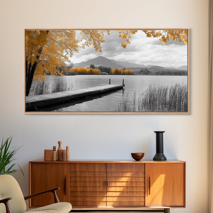 Autumn Lake, Golden Trees, Mountain Calm, Rustic Dock, Framed Canvas Print, Fall Living Room Art, Nature Landscape, Tranquil Cabin Decor